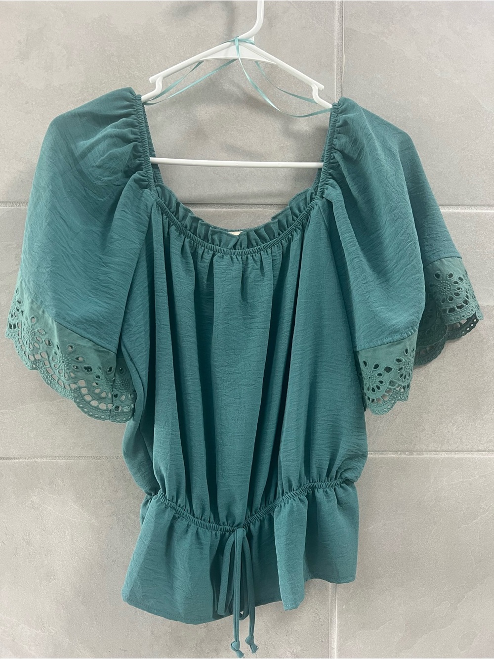 Teal Peasant Blouse with Eyelet Sleeve Detail